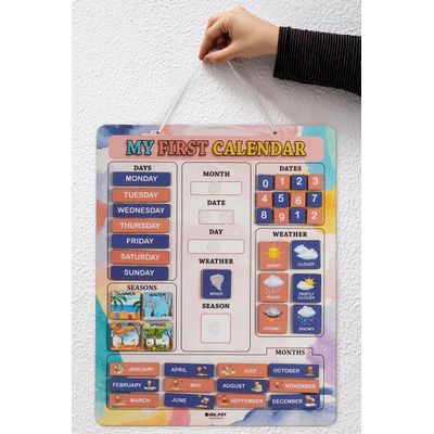 Meu 1º Quadro de Calendário Infantil - Pendurar na Parede Pré-Escolar Mês/Data/Dia/Clima/Est. 42 Peças 37x29 cm Laranja/Azul - Inkdotpot 36,83 Cm × 29,21 Cm / Cinza