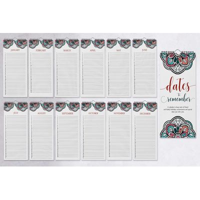 Calendário Perpétuo Mandala para Aniversários e Datas Especiais - Parede/Livro/Agenda/Papelaria/Cartão-Presente/Organizador - Inkdotpot 27,94 Cm × 13,72 Cm / Multicolorido