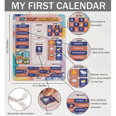 Meu 1º Quadro de Calendário Infantil - Pendurar na Parede Pré-Escolar Mês/Data/Dia/Clima/Est. 42 Peças 37x29 cm Laranja/Azul - Inkdotpot 36,83 Cm × 29,21 Cm / Cinza