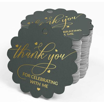 Etiquetas de Papel para Lembrancinha de Aniversário "Obrigado por Celebrar Comigo" com Foil para Pendurar - Inkdotpot 100 Etiquetas Metalizadas / Roxo - Prata