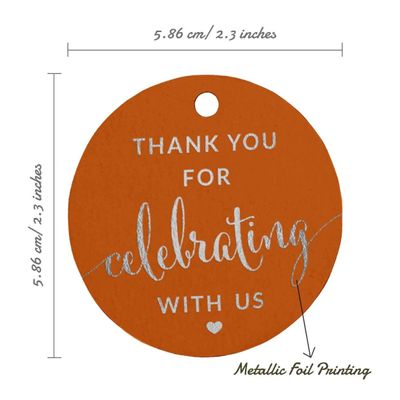 Etiqueta Metalizada para Garrafa Obrigado por Celebrar Conosco - Chá de Noiva/Bebê, Aposentadoria, Casamento, Aniversário - Inkdotpot 100 Etiquetas Metalizadas / Laranja - Prata