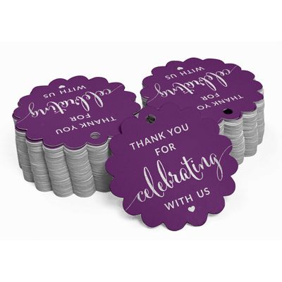 Etiquetas de Papel Foil "Obrigado por Celebrar Conosco" para Festas e Eventos - Inkdotpot 100 Etiquetas Metalizadas / Roxo - Prata