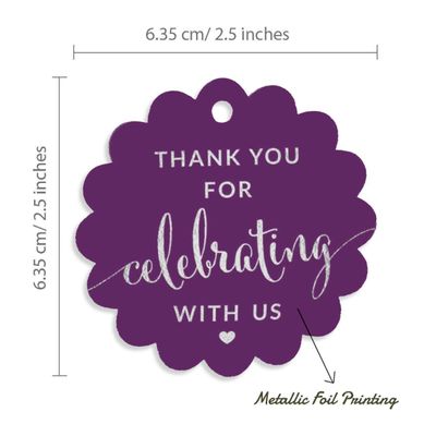 Etiquetas de Papel Foil "Obrigado por Celebrar Conosco" para Festas e Eventos - Inkdotpot 100 Etiquetas Metalizadas / Roxo - Prata