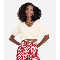 Blusa Cropped Feminina Decote V Rovitex Bege
