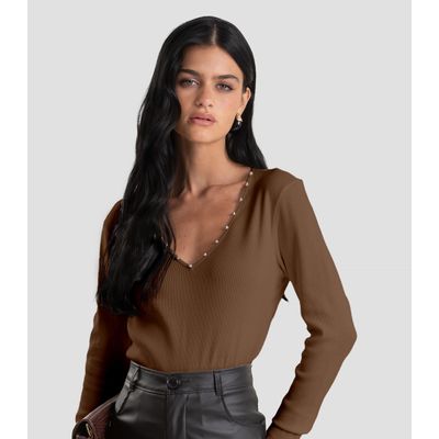 Blusa Feminina Canelada com Rebites Dianna Marrom M / Marrom