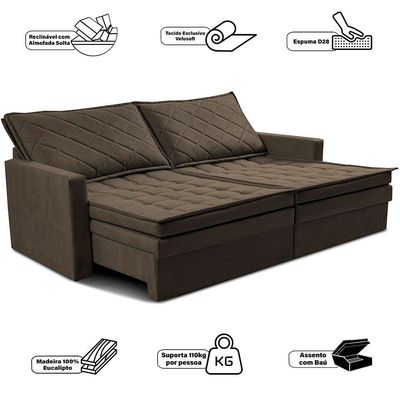 Sofá 3 Lugares Cama InBox Marselha II Retrátil/Reclinável com Baú Revestimento Suede Velusoft Café
