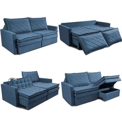 Sofá 3 Lugares Cama InBox Marselha II Retrátil/Reclinável com Baú Revestimento Suede Velusoft Azul