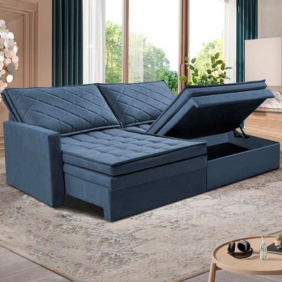 Sofá 3 Lugares Cama InBox Marselha II Retrátil/Reclinável com Baú Revestimento Suede Velusoft Azul