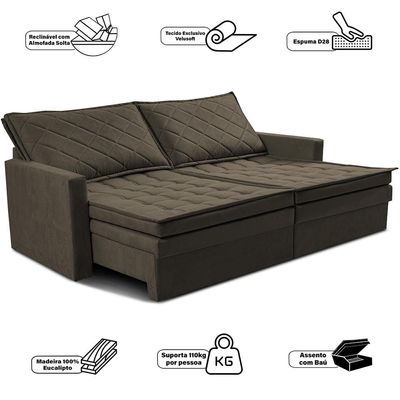 Sofá 3 Lugares Cama InBox Marselha II Retrátil/Reclinável com Baú Revestimento Suede Velusoft Café