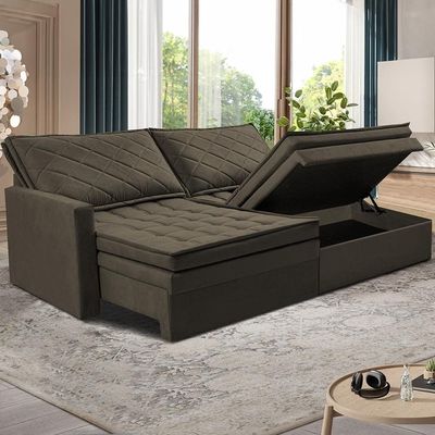 Sofá 3 Lugares Cama InBox Marselha II Retrátil/Reclinável com Baú Revestimento Suede Velusoft Café