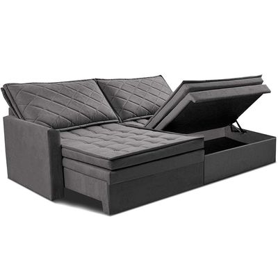 Sofá 3 Lugares Cama InBox Marselha II Retrátil/Reclinável com Baú Revestimento Suede Velusoft Cinza
