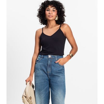 Blusa De Alça Feminina Ribana Canelada Rovitex Preto G / Preto