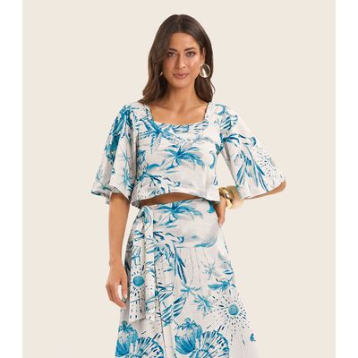 Blusa Cropped Manga Ampla em Meia Malha Endless Azul G / Azul