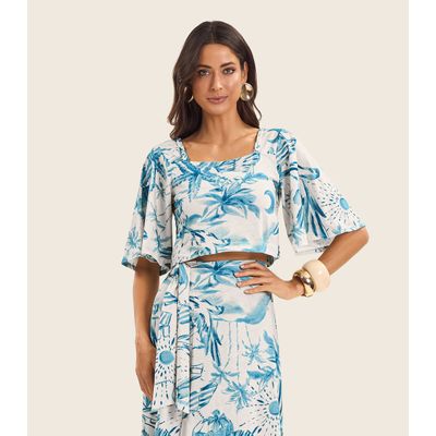 Blusa Cropped Manga Ampla em Meia Malha Endless Azul GG / Azul