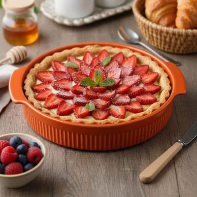 Forma Porcelana Laranja Redonda 25cm com Alça Canelada Assar e Servir Germer