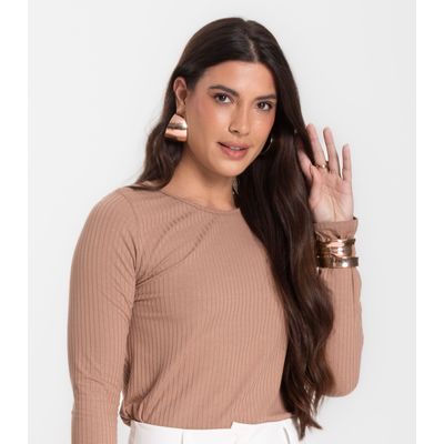 Blusa Feminina Canelada Com Manga Longa Rovitex Marrom P / Marrom