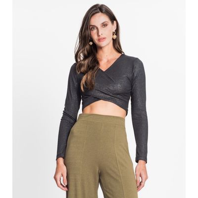 Blusa Feminina Em Ribana Canelada Lurex Rovitex Preto GG / Preto