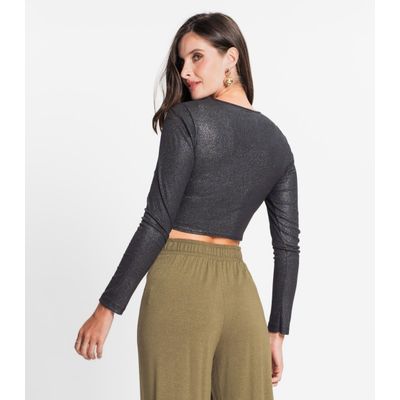 Blusa Feminina Em Ribana Canelada Lurex Rovitex Preto GG / Preto