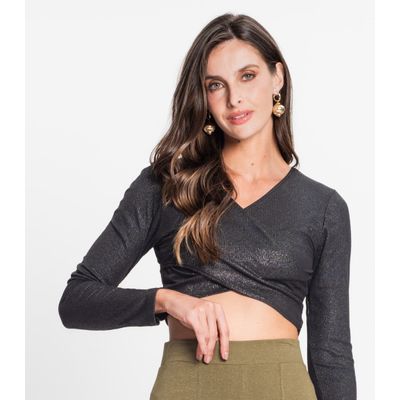 Blusa Feminina Em Ribana Canelada Lurex Rovitex Preto GG / Preto