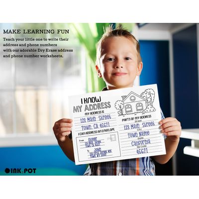 Ficha Laminada Apagável: Eu Sei Meu Endereço e Telefone — Pré-Escola, Infantil e Ensino em Casa, com 2 Marcadores Apagáveis - Inkdotpot 21,59 Cm × 27,94 Cm / Branco