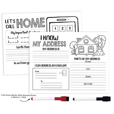 Ficha Laminada Apagável: Eu Sei Meu Endereço e Telefone — Pré-Escola, Infantil e Ensino em Casa, com 2 Marcadores Apagáveis - Inkdotpot 21,59 Cm × 27,94 Cm / Branco