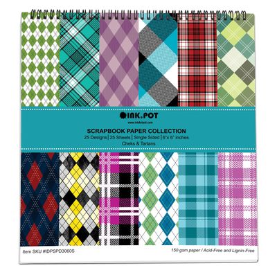Bloco 25 Folhas Xadrez e Tartã, Papel Cartão Colorido Lado Único para Scrapbook, Fundo Decorativo e Diário - Inkdotpot 15,24 Cm × 15,24 Cm / Multicolorido