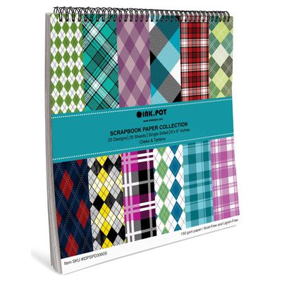 Bloco 25 Folhas Xadrez e Tartã, Papel Cartão Colorido Lado Único para Scrapbook, Fundo Decorativo e Diário - Inkdotpot 15,24 Cm × 15,24 Cm / Multicolorido