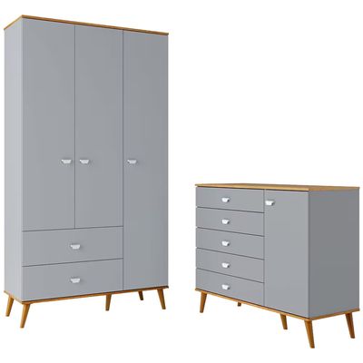 Guarda-Roupa Bartira Ternura com 3 Portas, 2 Gavetas + Cômoda Bartira Ternura com 5 Gavetas e 1 Porta Azul Wood
