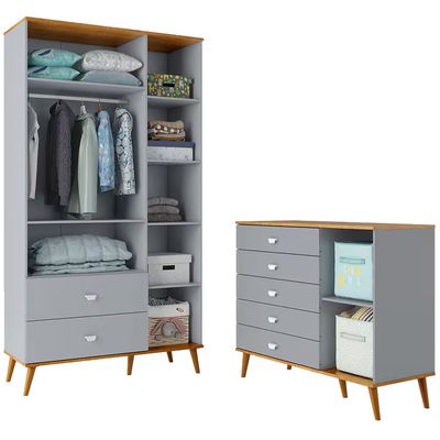 Guarda-Roupa Bartira Ternura com 3 Portas, 2 Gavetas + Cômoda Bartira Ternura com 5 Gavetas e 1 Porta Azul Wood