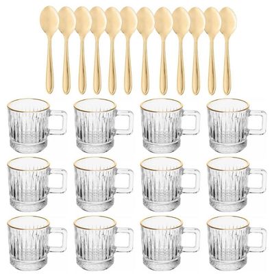 Jogo 24 Pçs Xícaras Vidro 90ml e Colheres Inox Dourado Lyor Café Recepção Atendimento Escritório