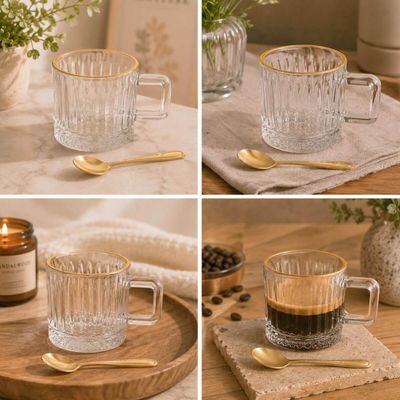 Jogo 24 Pçs Xícaras Vidro 90ml e Colheres Inox Dourado Lyor Café Recepção Atendimento Escritório