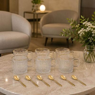 Jogo 12 Pçs Xícaras de Café Vidro 90ml Colheres Inox Dourado Lyor Recepção Atendimento