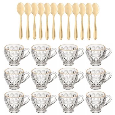 Jogo 24 Peças Xícaras 80ml e Colheres de Café Inox Dourado Lyor Atendimento Recepção Escritório