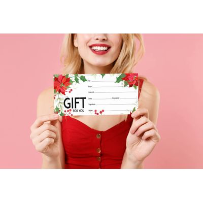Certificados em Branco Tema Flor Vermelha de Natal p/ Negócios, Restaurantes, Salões, Casamento — 45 Cupons DIY, 23 x 9,7 cm - Inkdotpot 22,86 Cm × 9,65 Cm / Vermelho