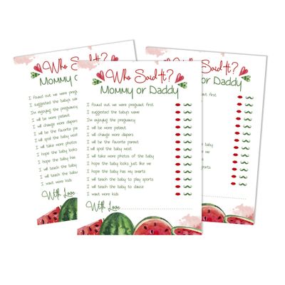 Jogo 'Quem Disse?' Mamãe ou Papai, 50 Folhas, Divertido para Chá de Bebê, Suprimento de Festa Tema Melancia Neutro - Inkdotpot 12,7 Cm × 17,78 Cm / Branco