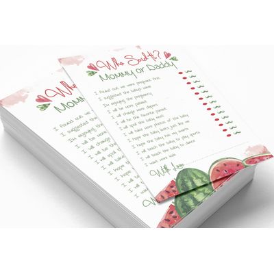 Jogo 'Quem Disse?' Mamãe ou Papai, 50 Folhas, Divertido para Chá de Bebê, Suprimento de Festa Tema Melancia Neutro - Inkdotpot 12,7 Cm × 17,78 Cm / Branco