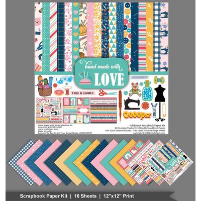 Feito À Mão com Amor, Kit Papel Cardstock Dupla Face 30,5 x 30,5 cm para Scrapbook/Cartões 16 Páginas c/ Adesivo - Multicolorido - Inkdotpot 30,48 Cm × 30,48 Cm / Multicolorido