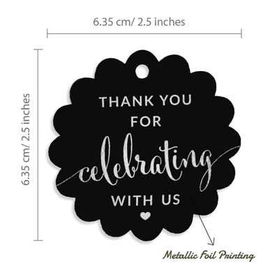 Etiquetas de Papel com Foil "Thank You for Celebrating with Us" para Festas e Eventos - Inkdotpot 100 Etiquetas Metalizadas / Preto - Prata