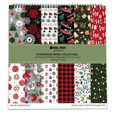 Bloco de Papel Texturizado Tema Natal, 25 Folhas, Lado Único, Papel Cartão Colorido para Scrapbooking, Cartões e Diários - Inkdotpot 30,48 Cm × 30,48 Cm / Multicolorido
