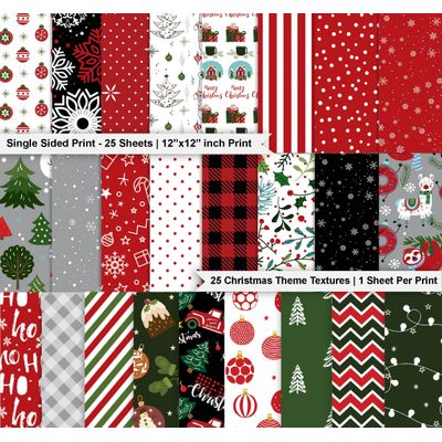 Bloco de Papel Texturizado Tema Natal, 25 Folhas, Lado Único, Papel Cartão Colorido para Scrapbooking, Cartões e Diários - Inkdotpot 30,48 Cm × 30,48 Cm / Multicolorido