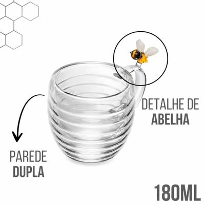 Conjunto 2 Xícaras de Chá 180ml Vidro Borossilicato Lovely Bee Lyor Parede Dupla Abelha