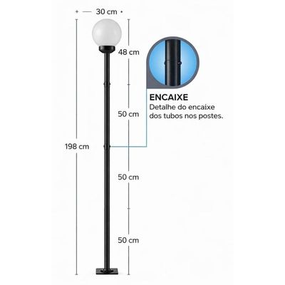 Kit 2 Postes de Alumínio Preto SEM Globo 189cm Dital para Iluminação Jardim