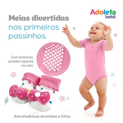 Meia de Menina Antiderrapante Divertida 6 a 12 meses Infantil Algodão Laço Branca Rosa Adoleta