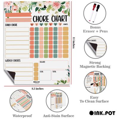 Quadro Magnético Apagável Semanal/Diário para Tarefas Infantis e Recompensas, Lista Magnética em Branco com 2 Canetas (Florais) - Inkdotpot 21,59 Cm × 27,94 Cm / Branco