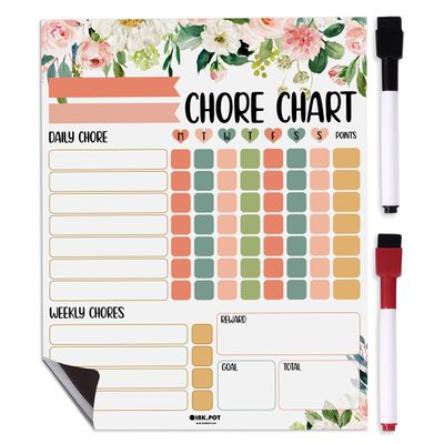 Quadro Magnético Apagável Semanal/Diário para Tarefas Infantis e Recompensas, Lista Magnética em Branco com 2 Canetas (Florais) - Inkdotpot 21,59 Cm × 27,94 Cm / Branco