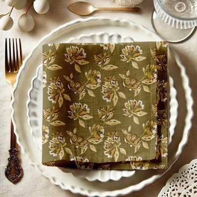 Guardanapos de Musselina de Algodão Esplendor de Outono, Conj. 12, 51 x 51 cm, Estampa Floral Verde Terroso, Lavável à Máquina - Vargottam 50,8 Cm × 50,8 Cm – Pacote Com 12 Peças / Verde