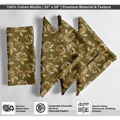 Guardanapos de Musselina de Algodão Esplendor de Outono, Conj. 12, 51 x 51 cm, Estampa Floral Verde Terroso, Lavável à Máquina - Vargottam 50,8 Cm × 50,8 Cm – Pacote Com 12 Peças / Verde