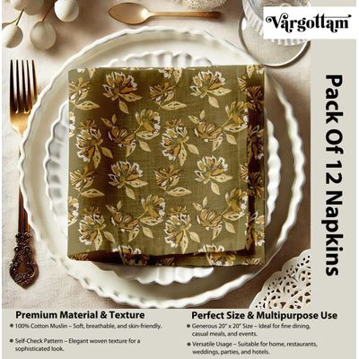 Guardanapos de Musselina de Algodão Esplendor de Outono, Conj. 12, 51 x 51 cm, Estampa Floral Verde Terroso, Lavável à Máquina - Vargottam 50,8 Cm × 50,8 Cm – Pacote Com 12 Peças / Verde