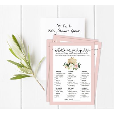Pacote 50 Unid., Coleção Chá de Bebê para Menina, Jogos "O Que Tem Na Sua Bolsa", Atividades, Decorações e Itens Tema Unicórnio - Inkdotpot 12,7 Cm × 17,78 Cm / Branco