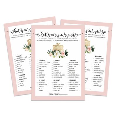Pacote 50 Unid., Coleção Chá de Bebê para Menina, Jogos "O Que Tem Na Sua Bolsa", Atividades, Decorações e Itens Tema Unicórnio - Inkdotpot 12,7 Cm × 17,78 Cm / Branco